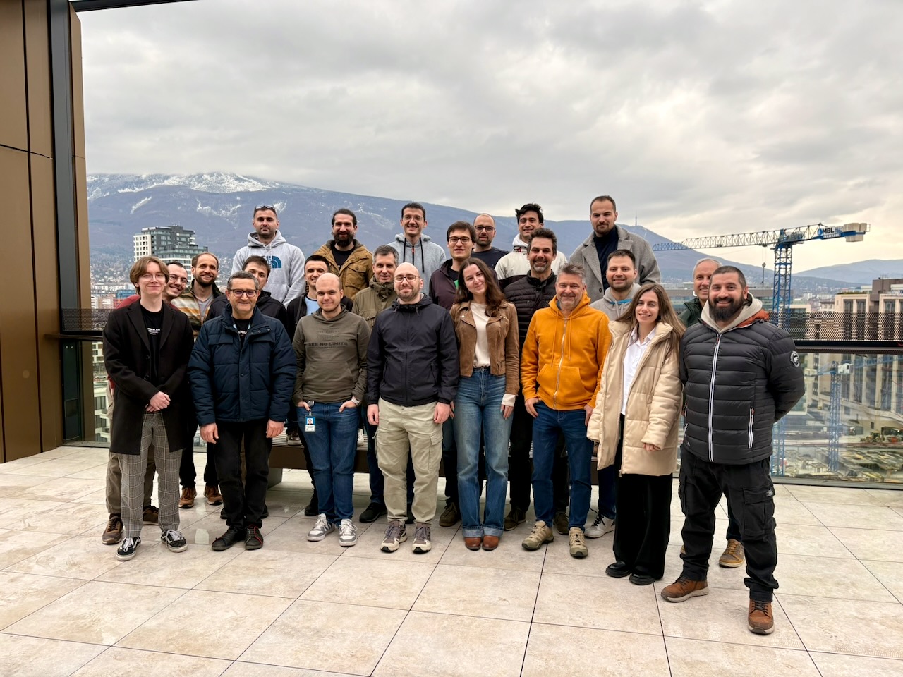 Group picture of the hackathon attendees on the rooftop of the SAP Center Sofia